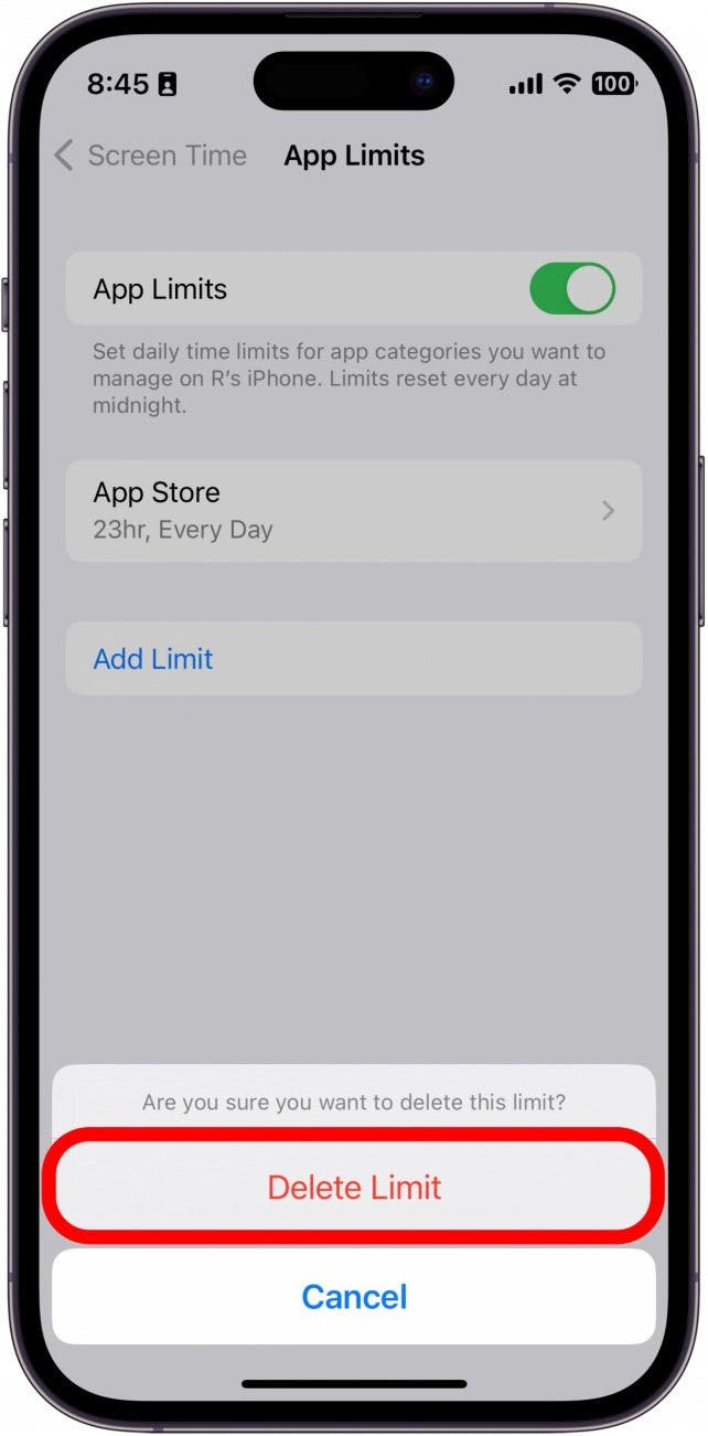 Tap Delete Limit to confirm.
