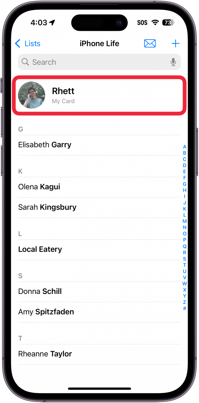 iphone contacts app with a red box around the owner's contact card