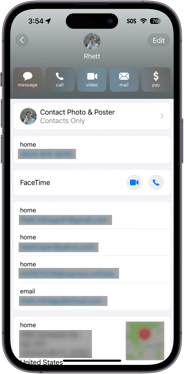 iphone contacts app displaying the owner's contact card