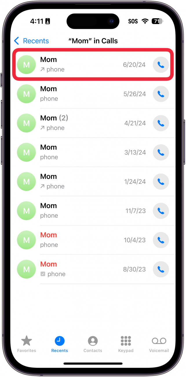 iphone recent calls with a red box around mom