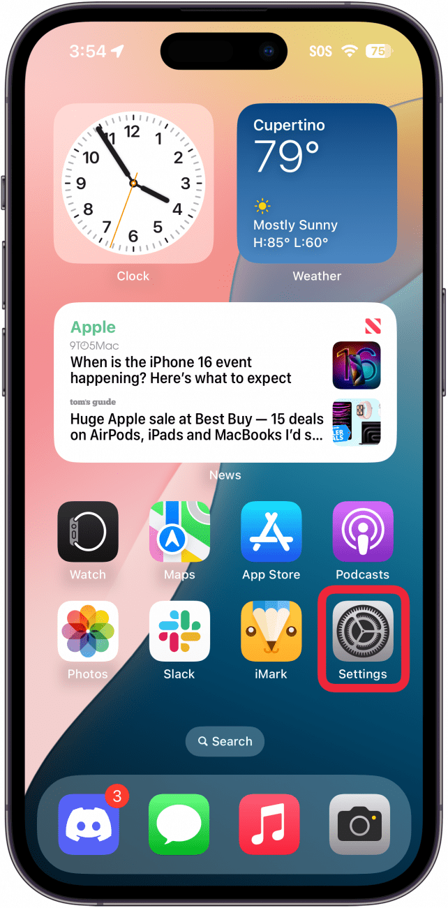 iphone home screen with a red box around the settings app