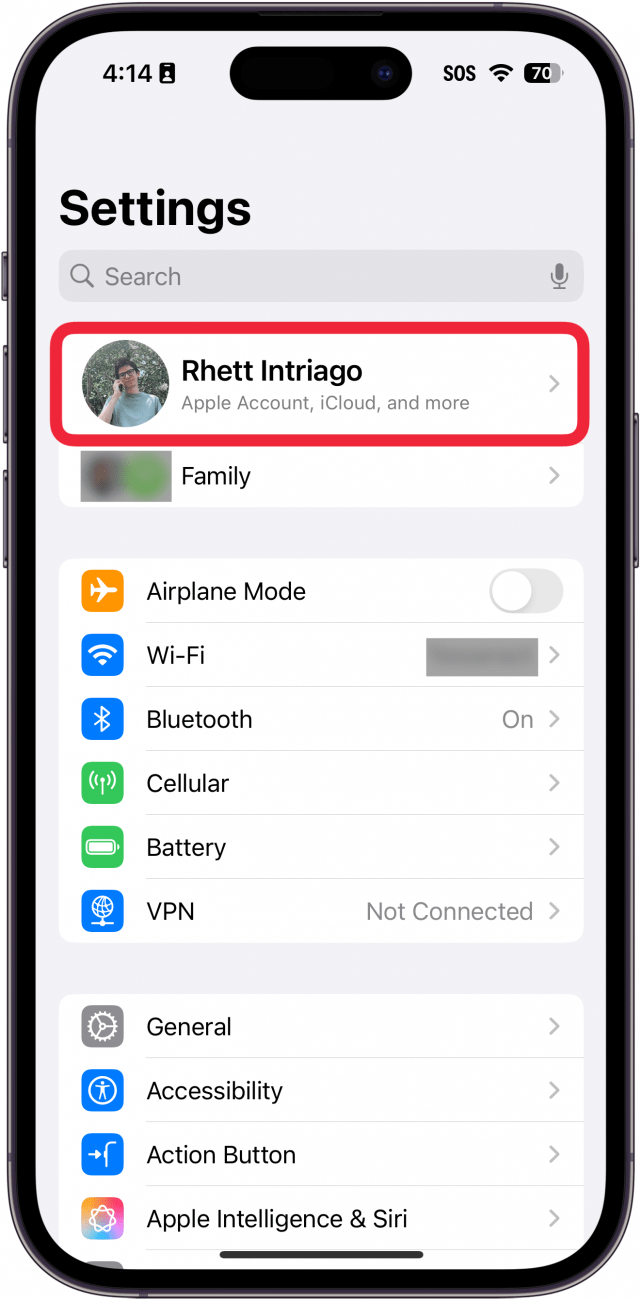 iphone settings app with a red box around owner's apple id