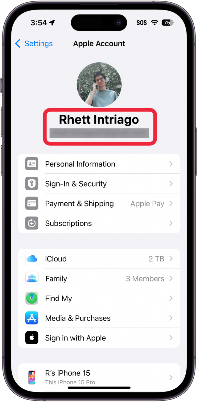 iphone apple id settings with a red box around the owner's name and email address