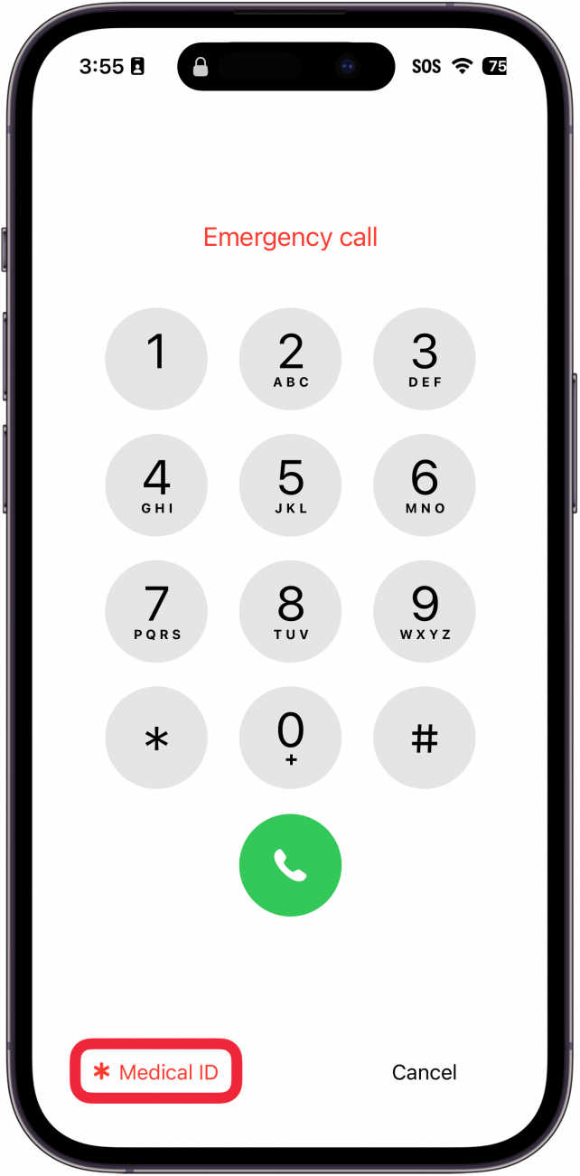 iphone emergency call screen with a red box around medical id button