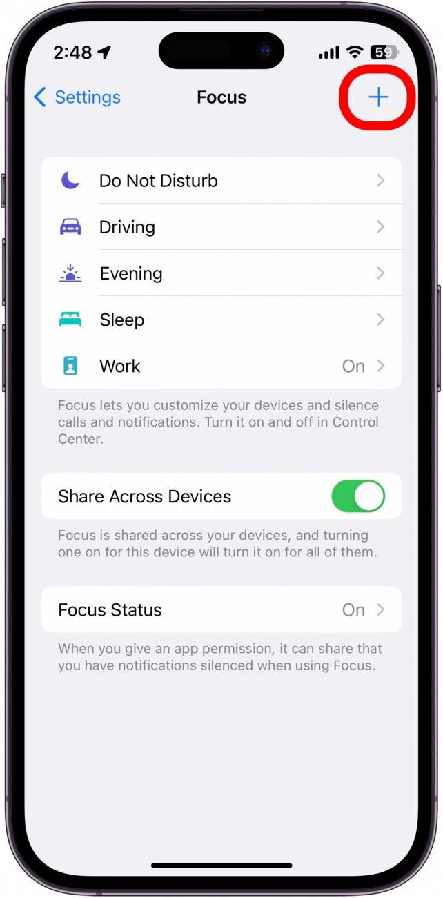 If you don’t see Personal in your list of Focuses, tap the Plus icon in the top right.