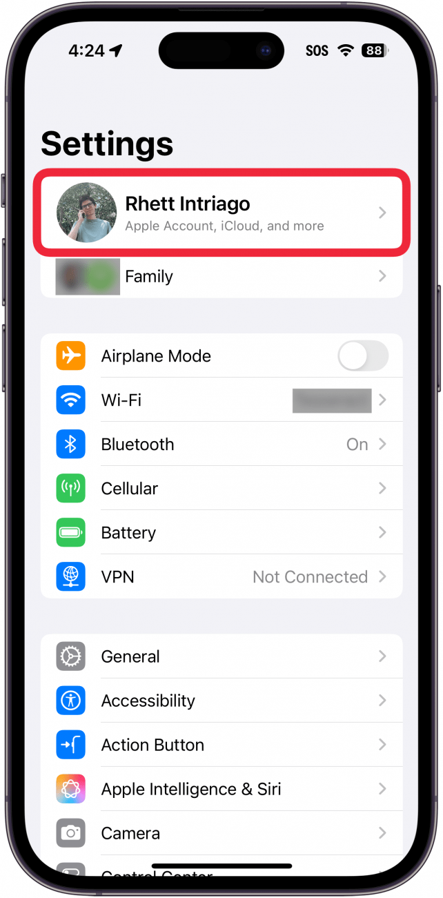 iphone settings with a red box around apple ID