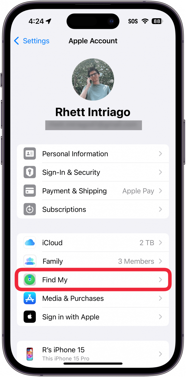 iphone apple id settings with a red box around find my