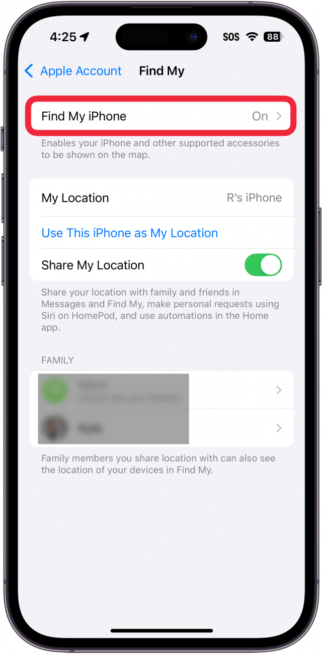 iphone find my settings with a red box around find my iphone button