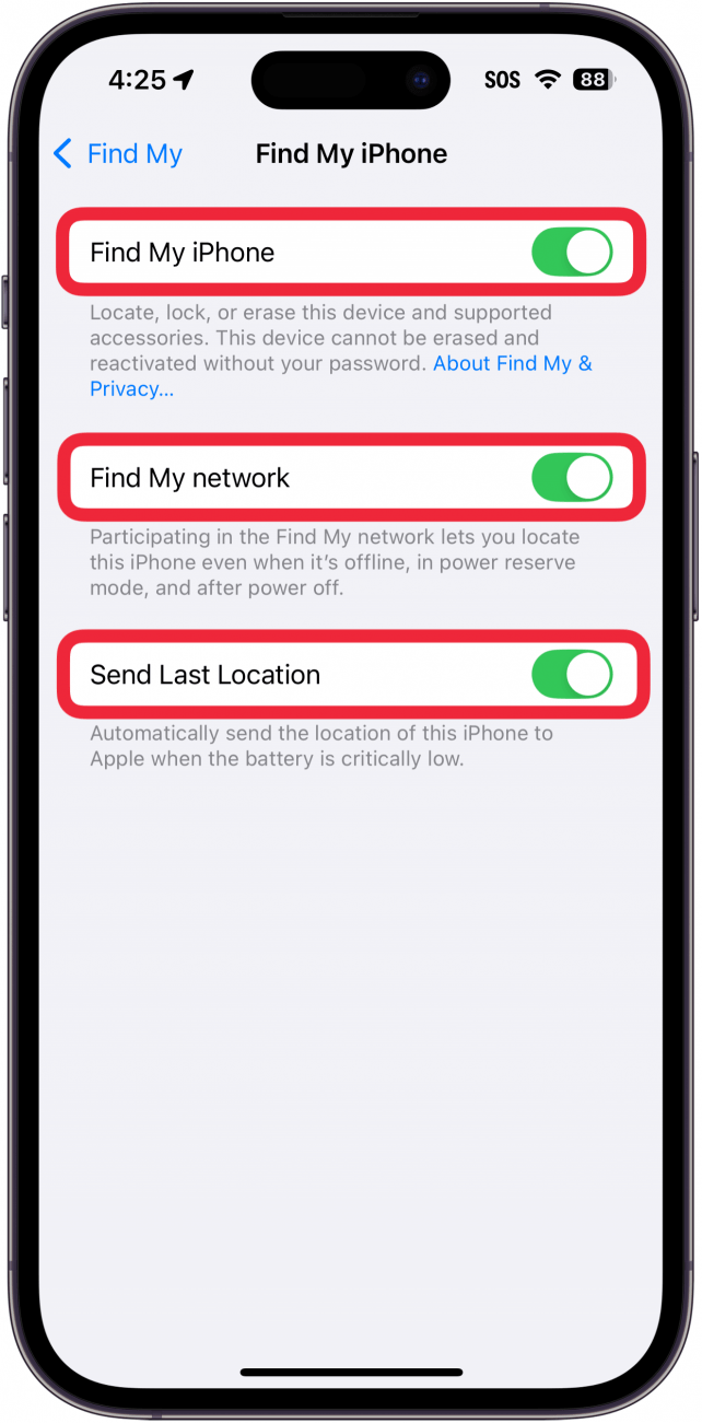 iphone find my iphone settings with red boxes around find my iphone, find my network, and send last location toggles