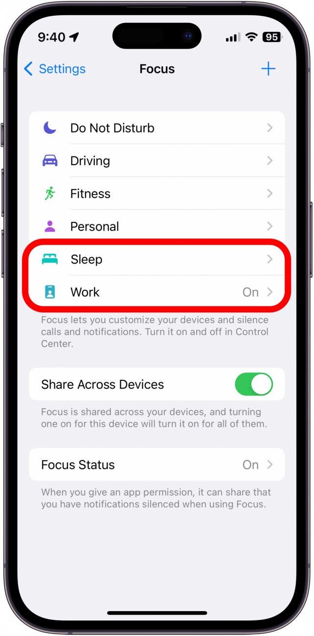 Now, go back to Focus settings and set up Work and Sleep based on your own schedule, each with its own individual wallpaper.