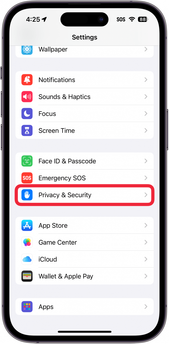 iphone settings app with a red box around privacy & security