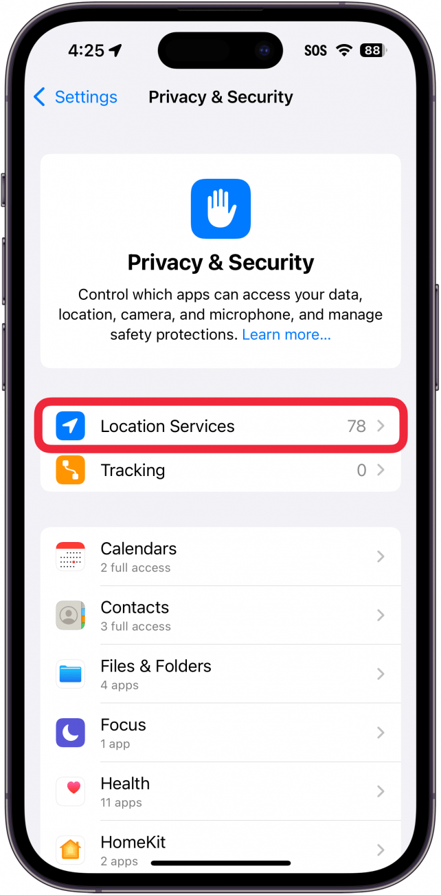 iphone privacy and security settings with a red box location services