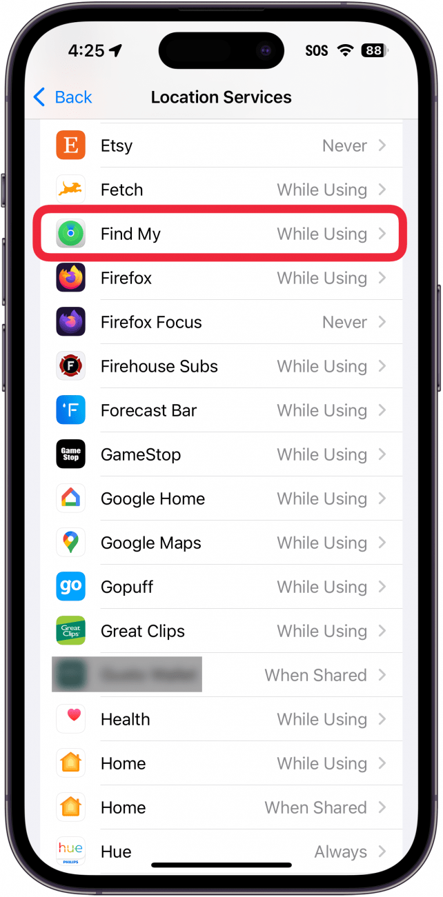 iphone location services settings with a red box around find my