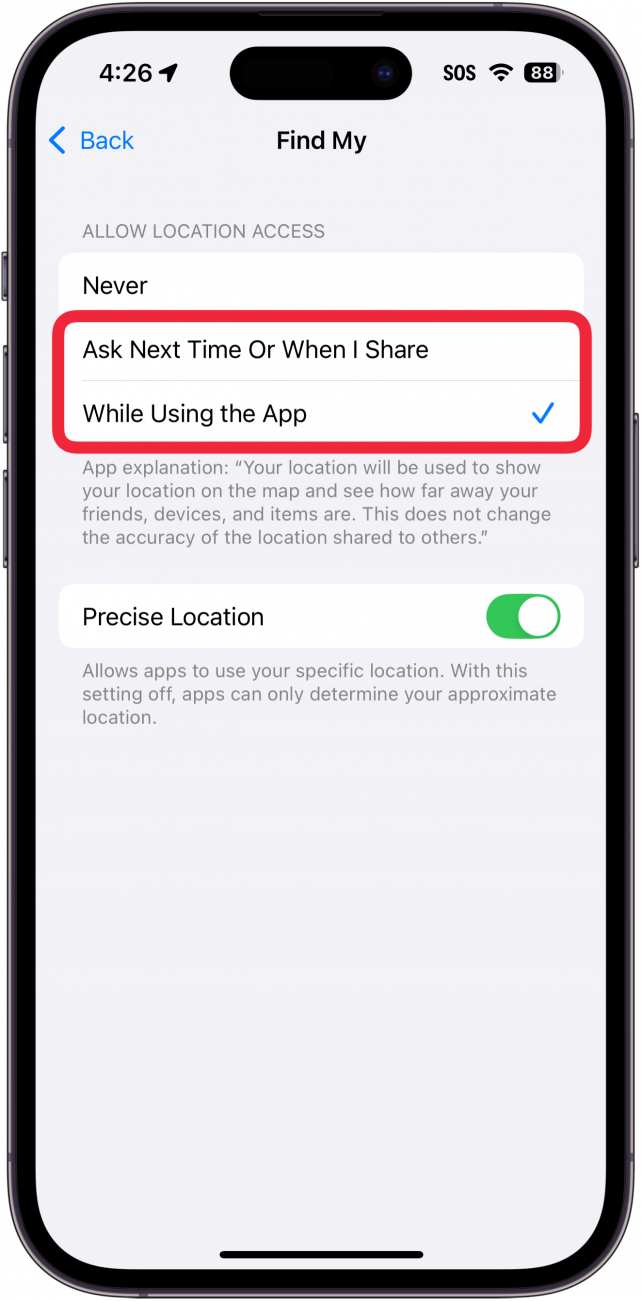 iphone find my location services settings with a red box around options for "ask next time or when i share," and "while using the app"