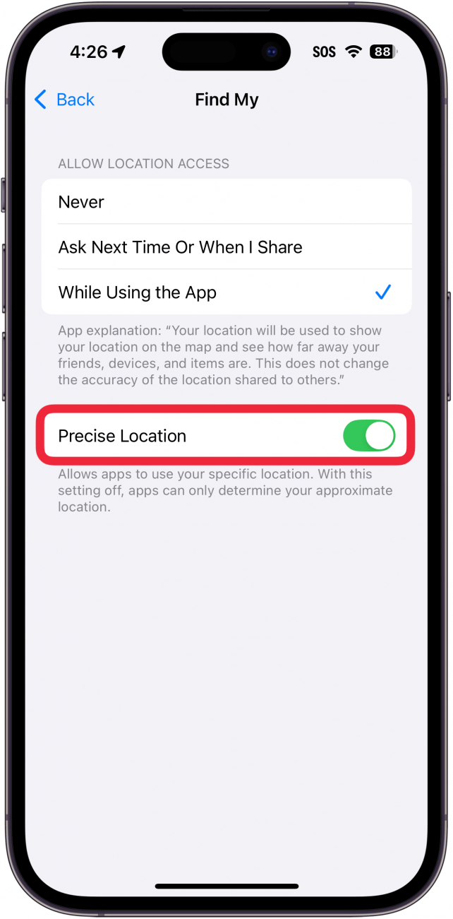 iphone find my location services settings with a red box around precise location