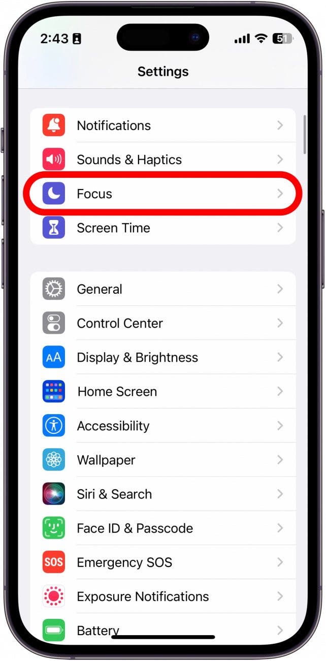 Open Settings on your iPhone, and tap Focus.