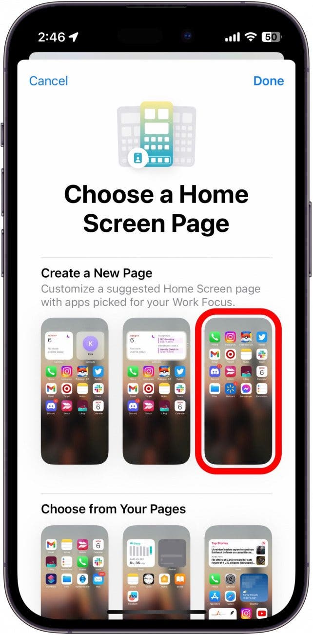 Tap a Home Screen under Create a New Page.