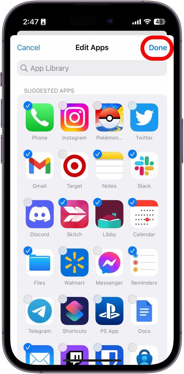 Pick and choose the apps you want to appear on your Home Screen while you are in this Focus mode. Then, tap Done when finished.