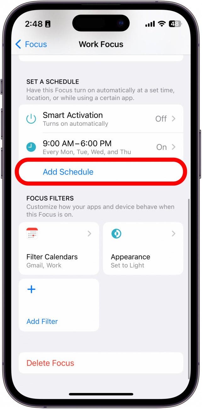 Next, scroll down to Set a Schedule, and tap Add Schedule.