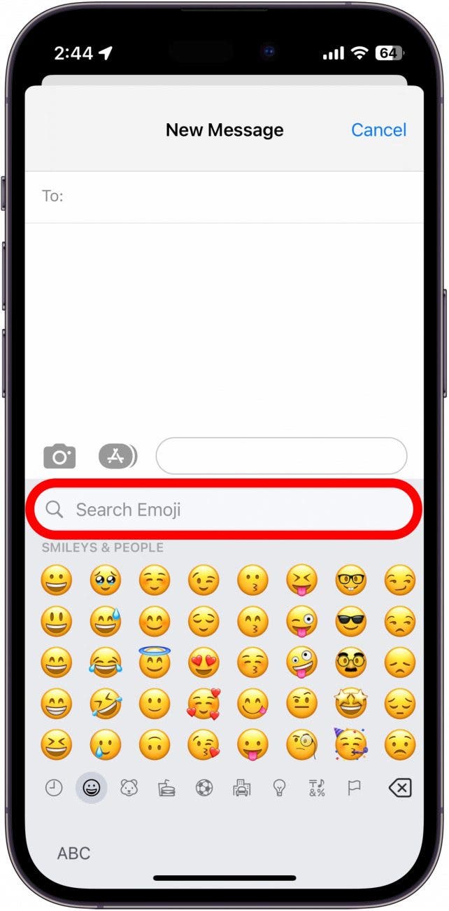 You will see a search bar at the top of the emojis, tap the search bar to begin typing.