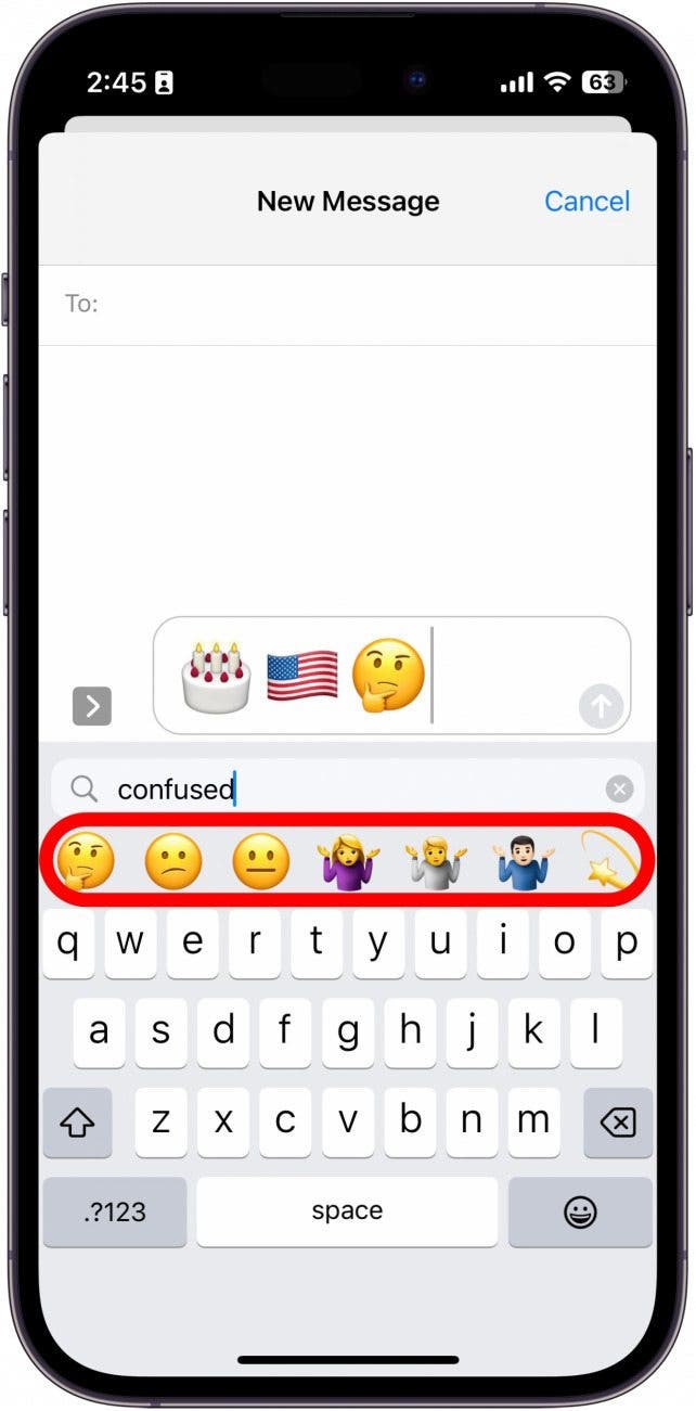 It can be a bit of a guessing game, but if you search something like “birthday cake,” “USA flag”, “confused” the emoji keyboard will narrow down the emojis based on your search and you should be able to find what you’re looking for.