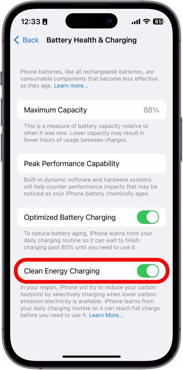 Tap the toggle next to Clean Energy Charging to turn it off.