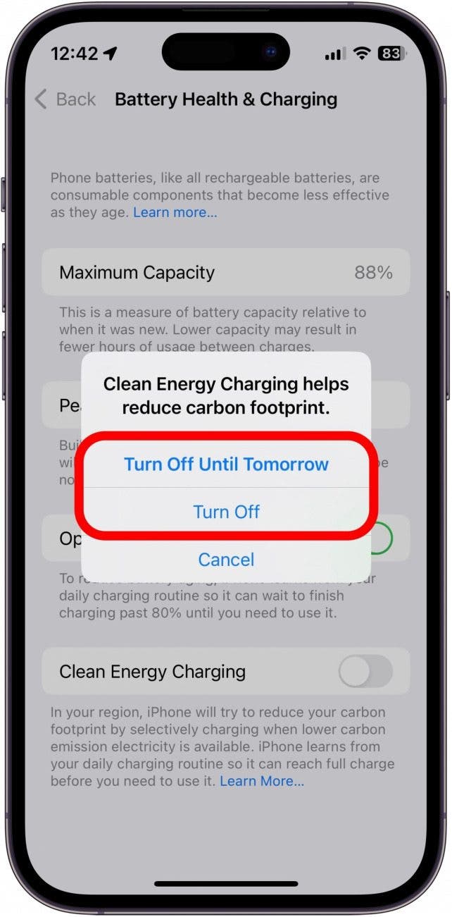 Select whether you only want to turn Clean Energy Charging off until tomorrow or turn it off completely.