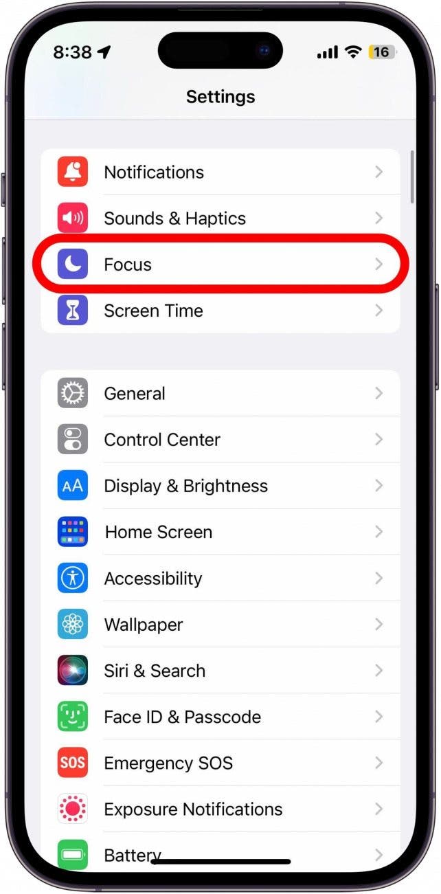 Open Settings, and tap Focus.