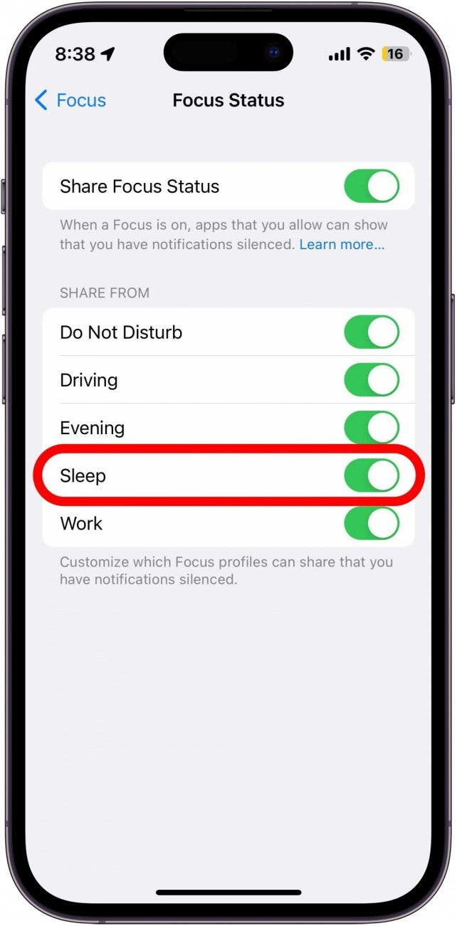 For example, if you don’t want anyone to be able to text you while you’re sleeping, tap the toggle next to Sleep.