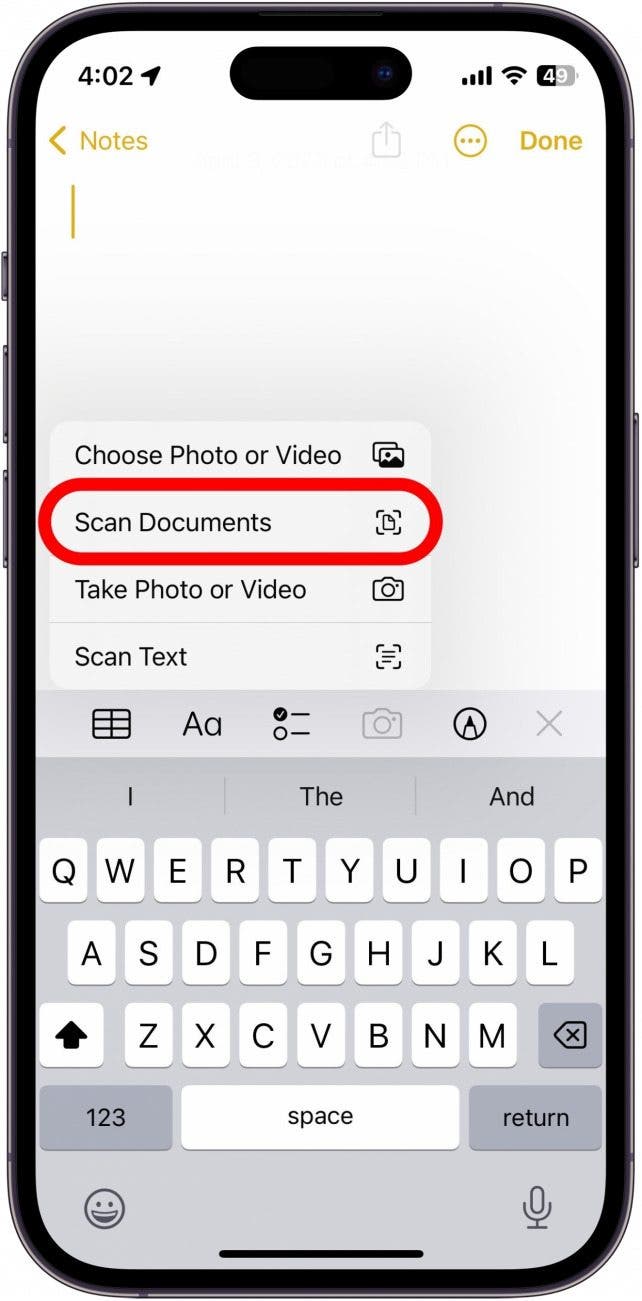 a list of Notes app options with the words Scan Documents circled in red.