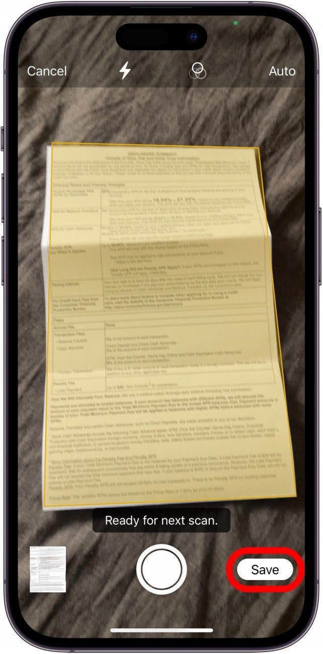 the Notes app screen with a yellow document and SAVE circled in red at the bottom.