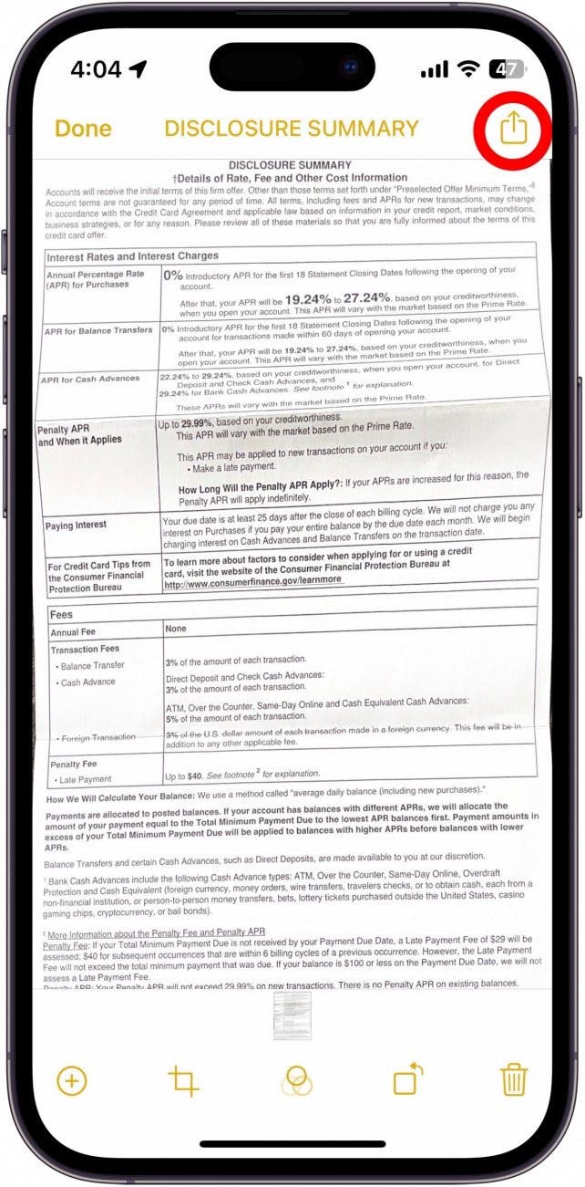 a grey and white document with the Share button in the top right corner circled in red.