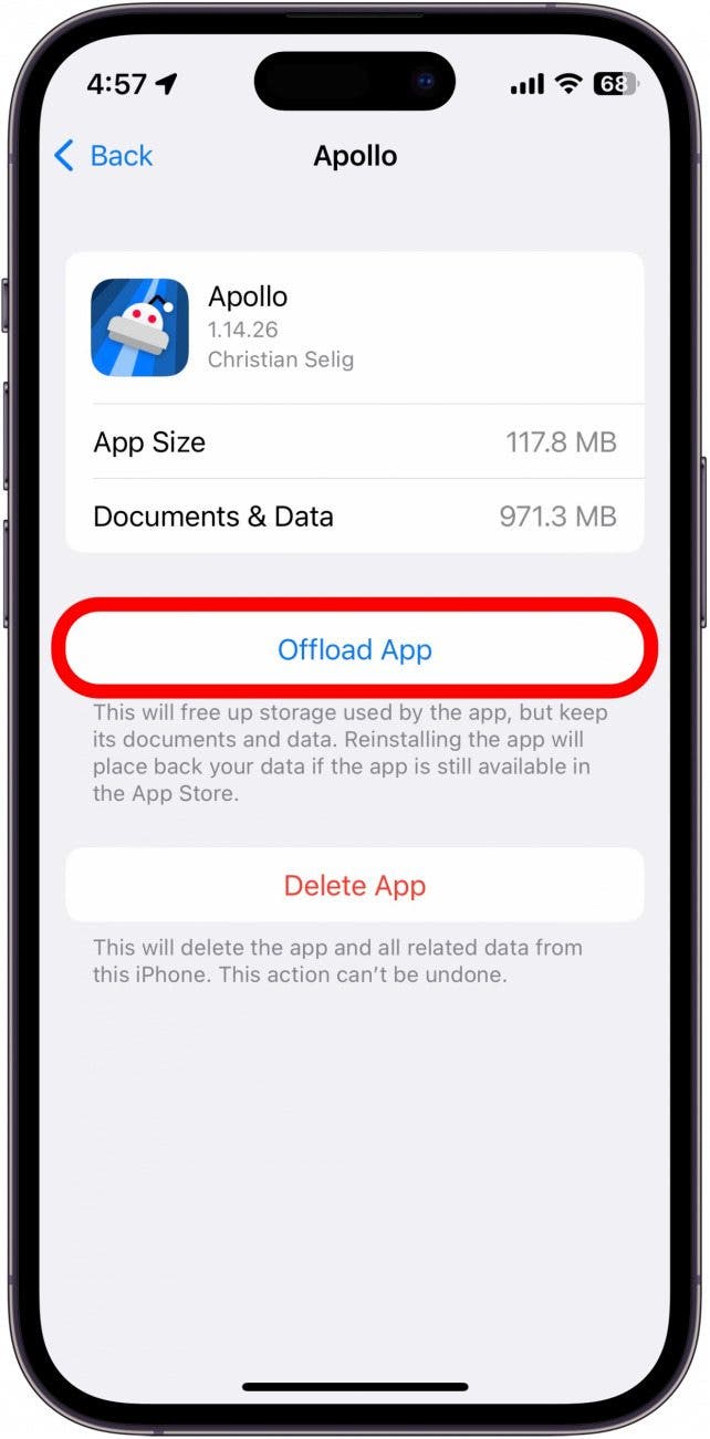 Tap Offload App to remove the app from your phone but keep its data.