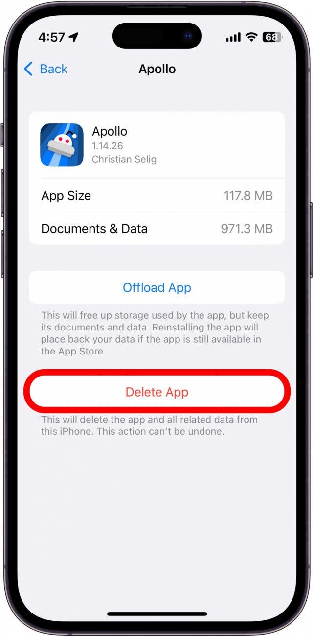 Tap Delete App to completely delete the app and its data from your phone.