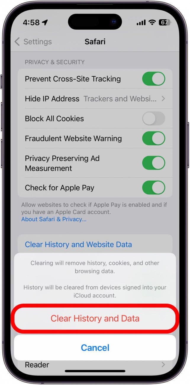 Tap Clear History and Data to confirm.