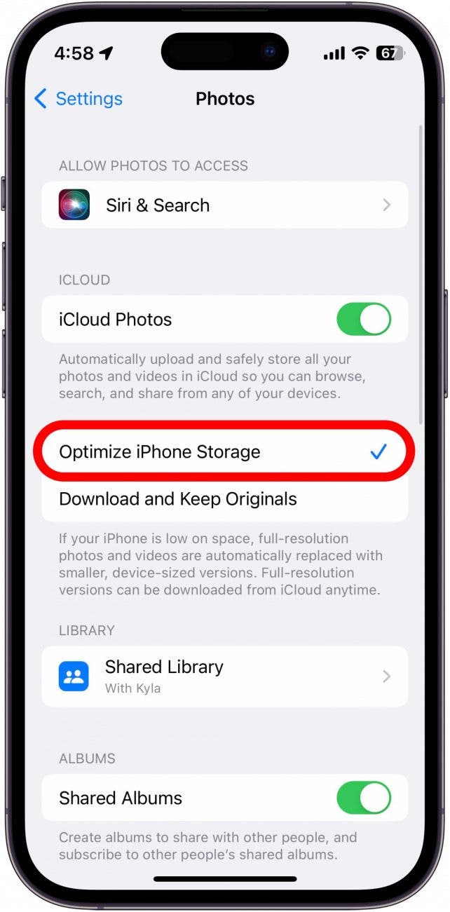 Tap Optimize iPhone Storage.