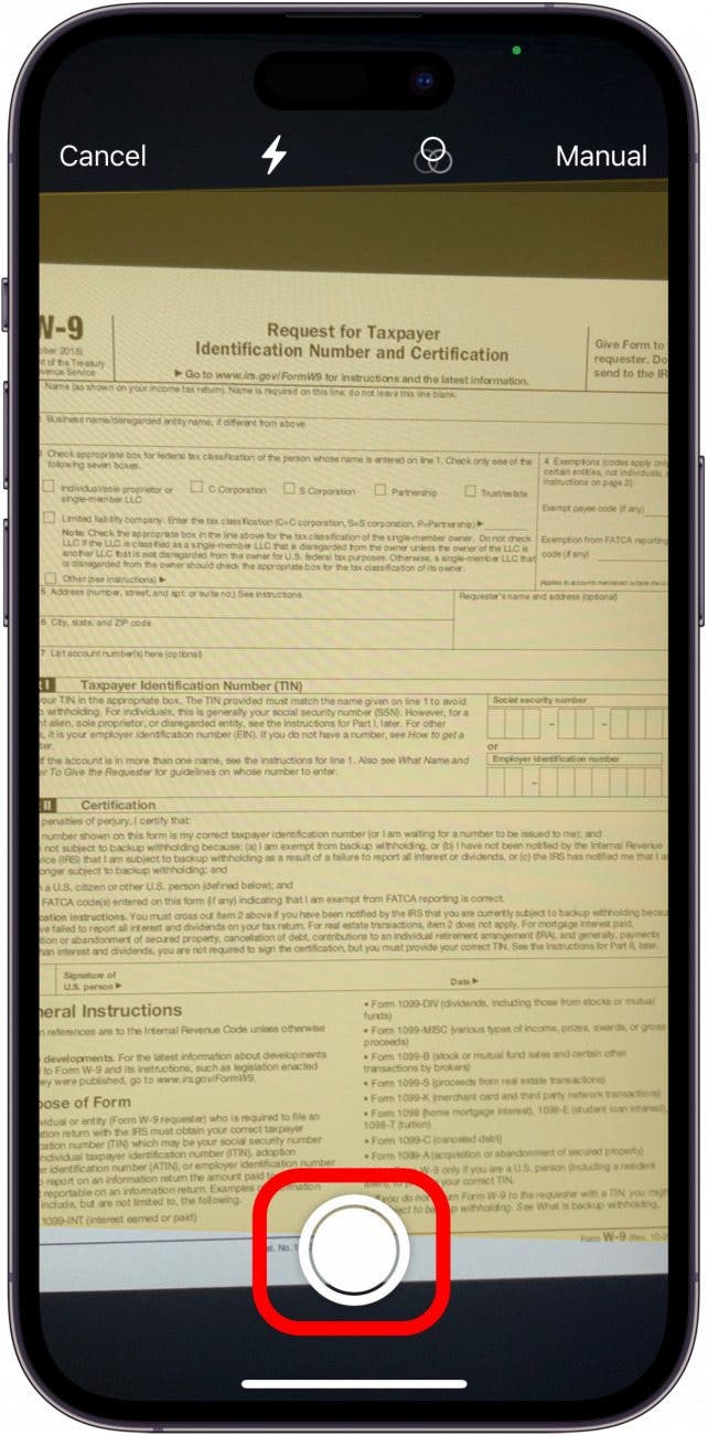 Press the shutter or your phone's volume up button to manually scan your document.