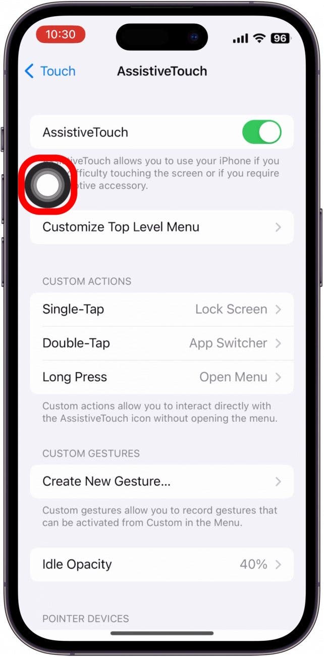 A gray circle will appear on your screen. You can touch and drag the circle, the Assistive touch icon, to reposition it on the screen.