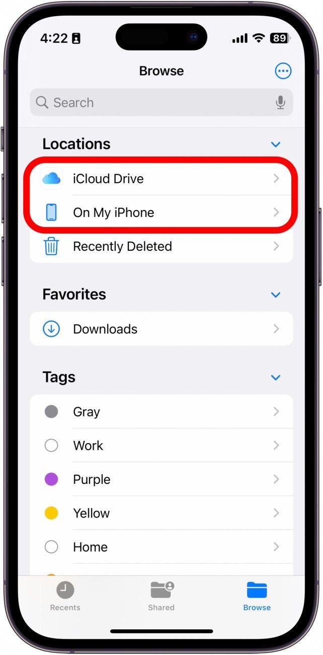 Depending on where you last left the Files app, you can tap iCloud Drive or On My iPhone.