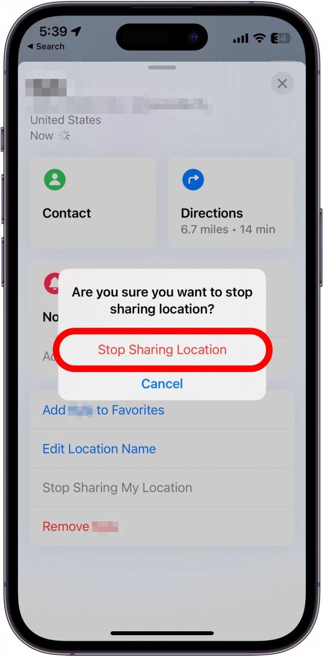 Tap Stop Sharing Location to confirm.