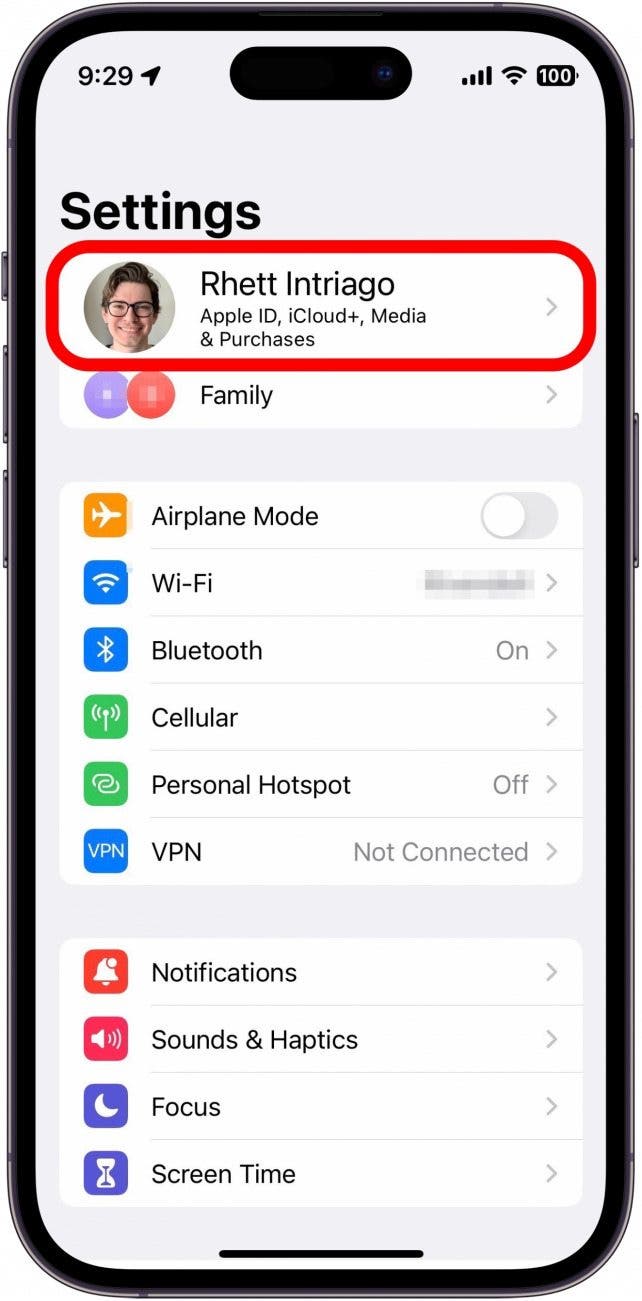 iphone settings with apple id circled in red