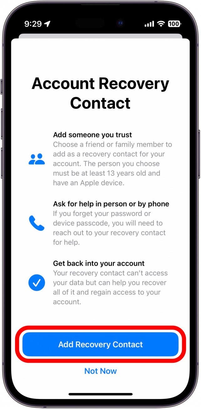 apple id account recovery set up process with add recovery contact button circled in red