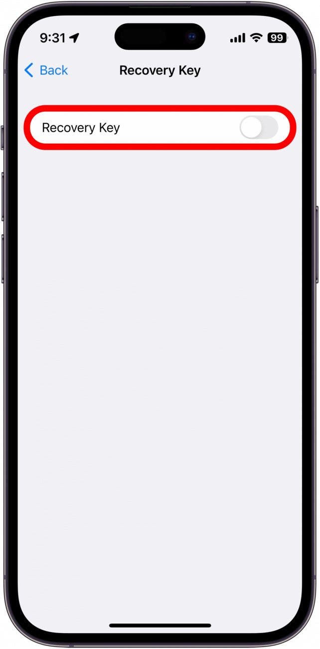iphone account recovery key screen with a red box around recovery key toggle