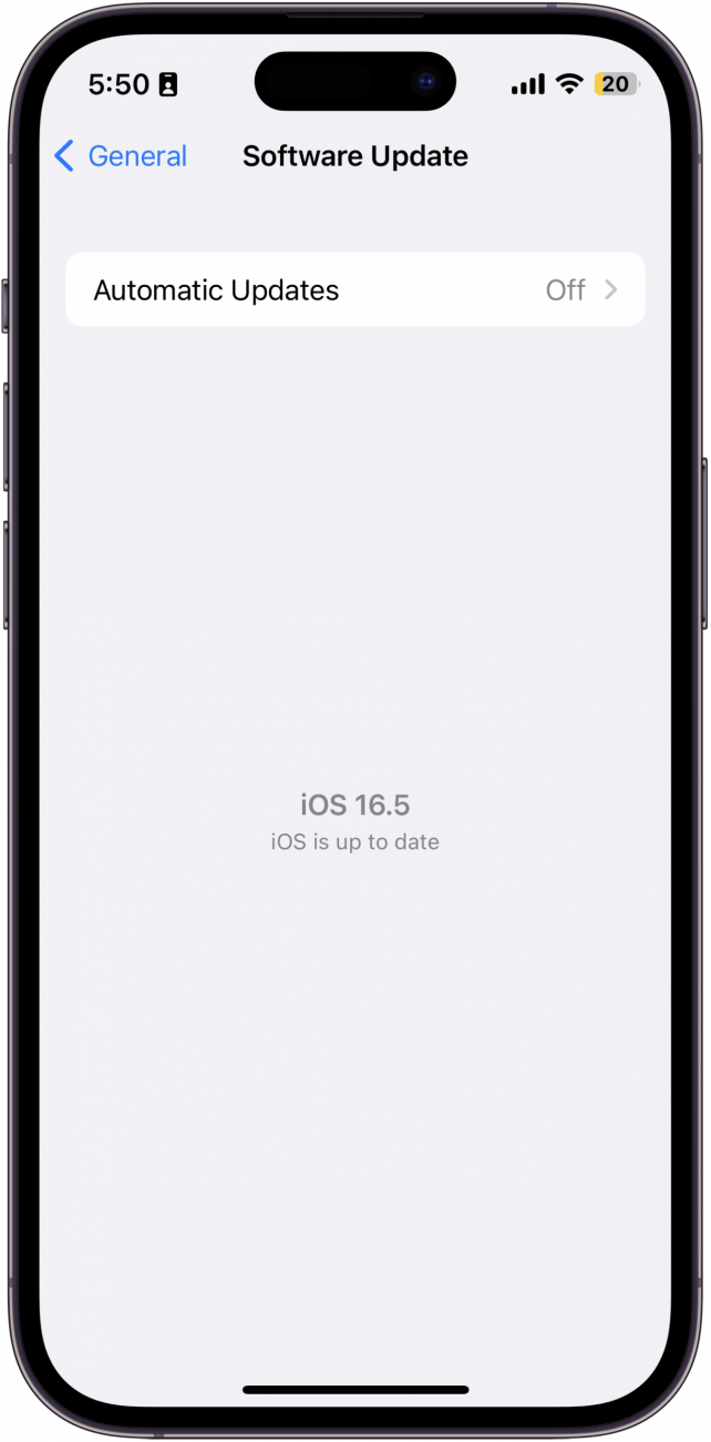 Screenshot showing iOS update screen that says, "iOS 16.5, iOS is up to date"