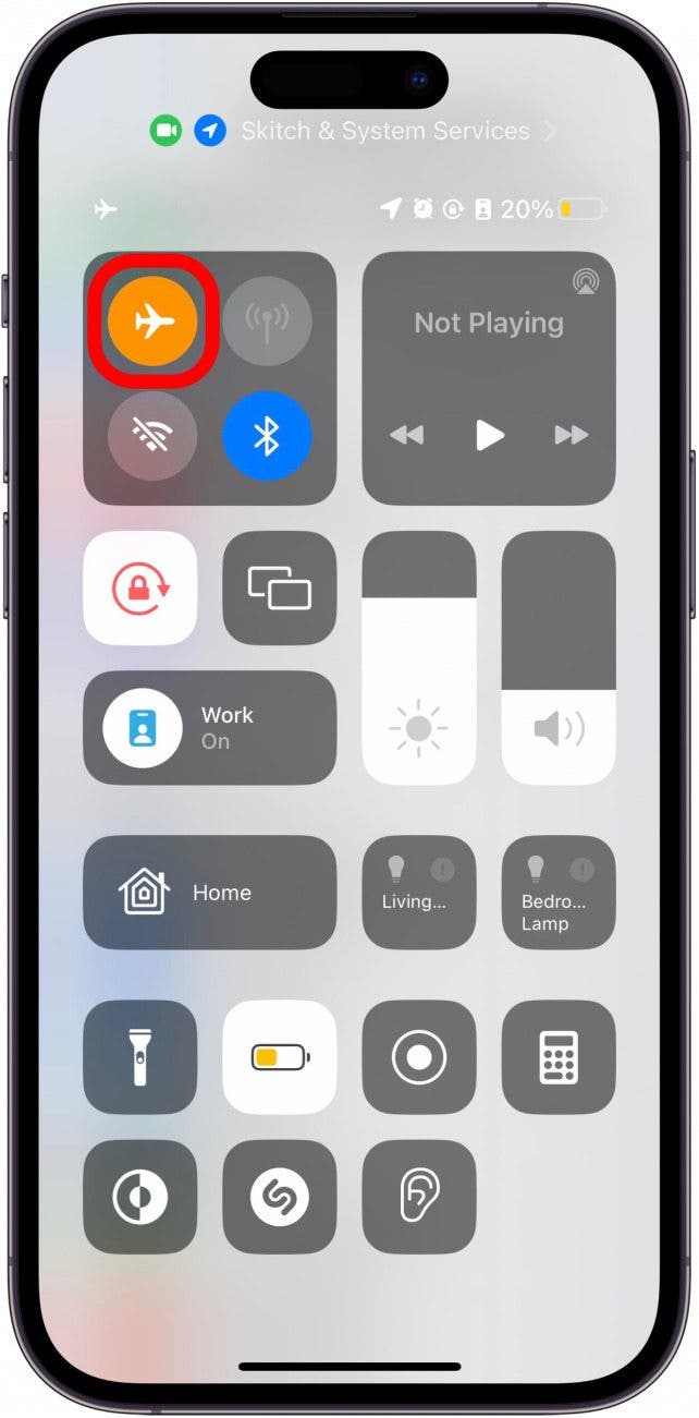 Screenshot of iOS Control Center with the Airplane Mode icon outlined, indicating how to turn it on and off