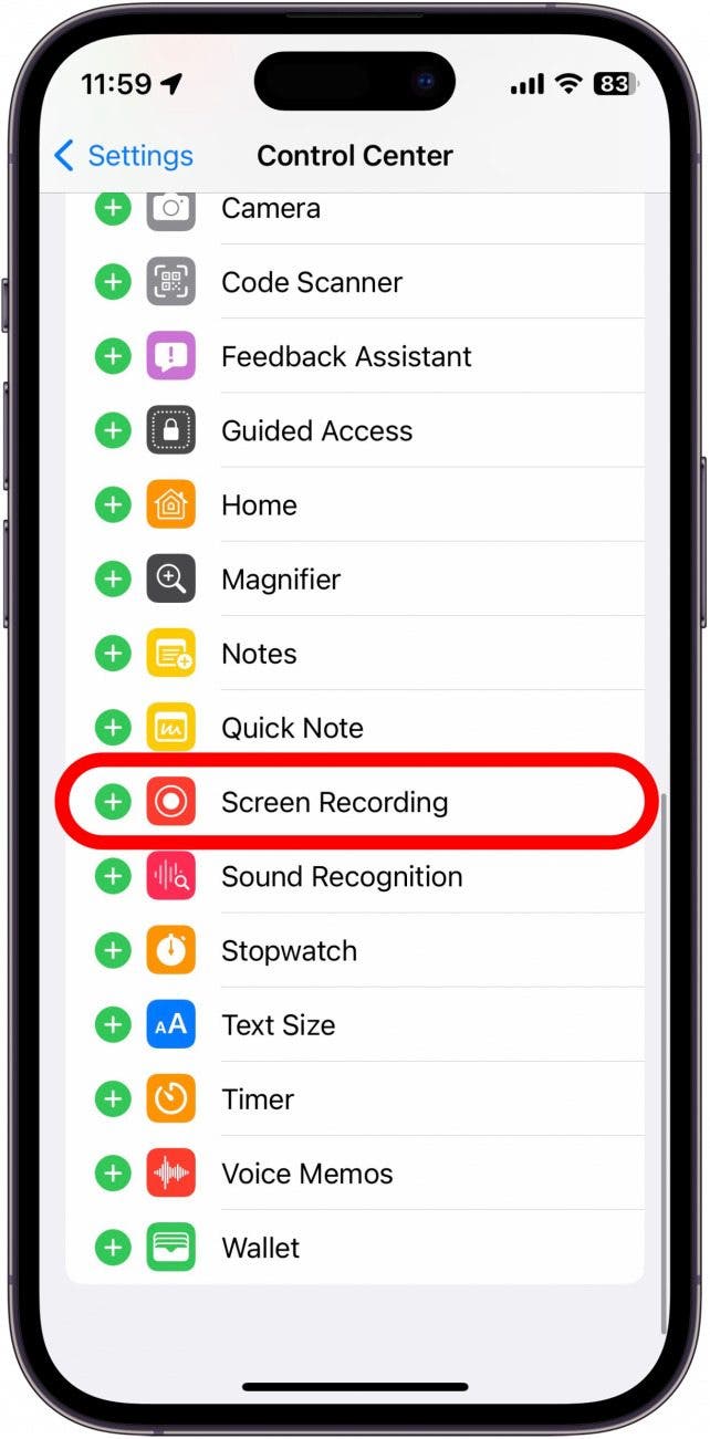 Tap the green plus sign next to Screen Recording.