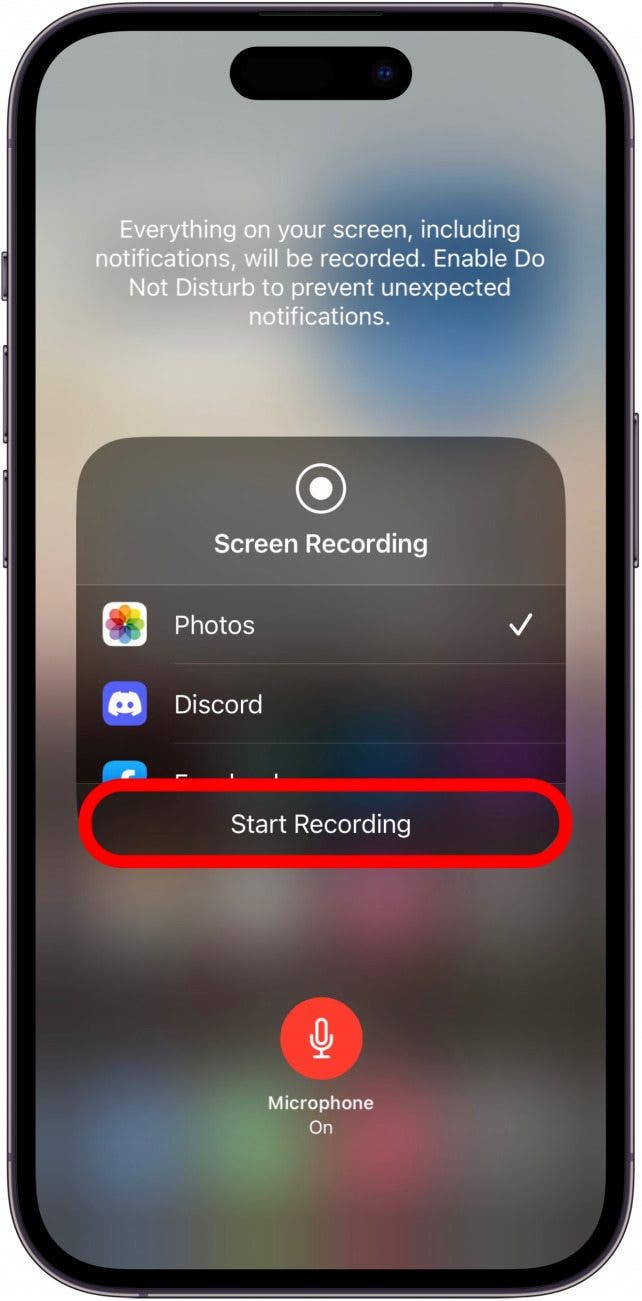 The icon will turn red and change to say Microphone On. Tap Start Recording. Your iPhone will record the screen as well as the internal audio, your voice, and any other ambient audio.