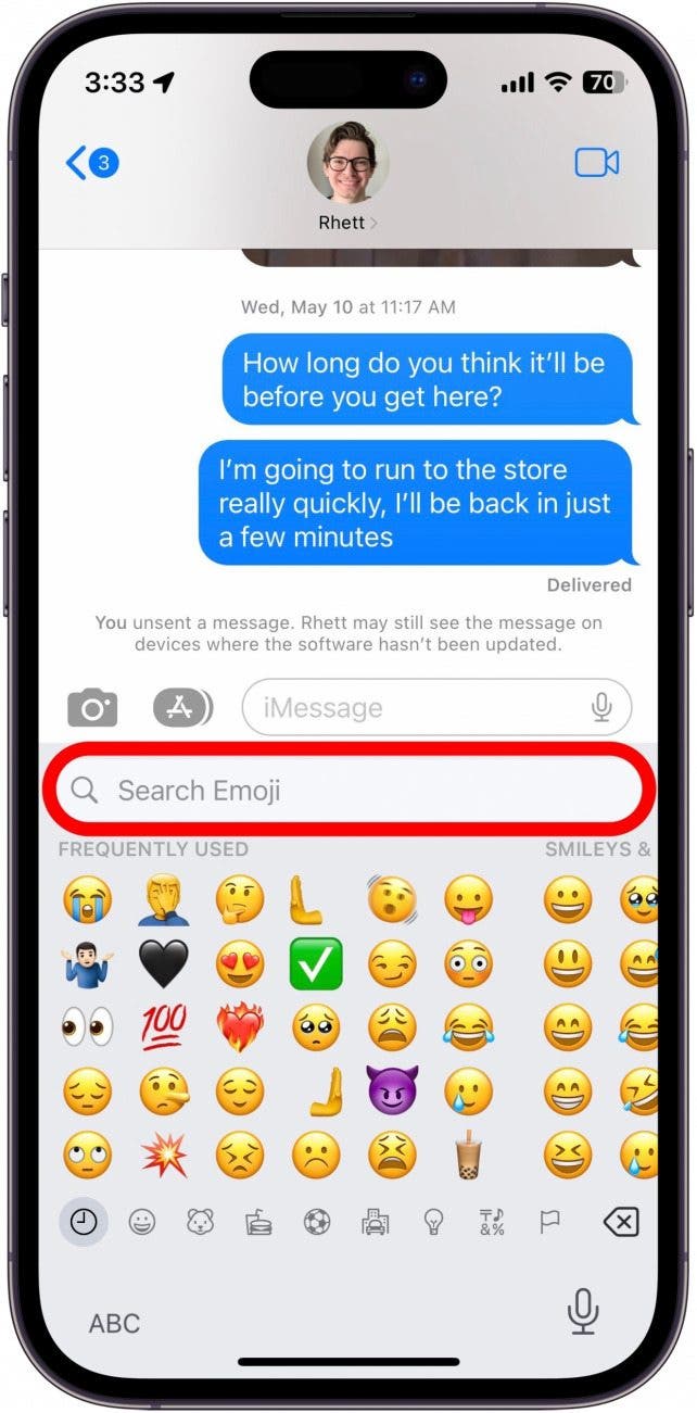 You can scroll through the categories at the bottom of the screen, or tap the search bar to search for a specific emoji.