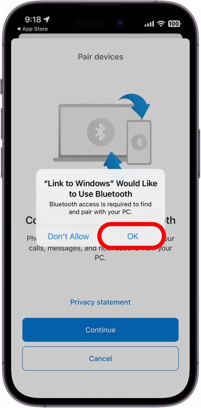 Tap OK to allow the app to use Bluetooth to connect to your PC.