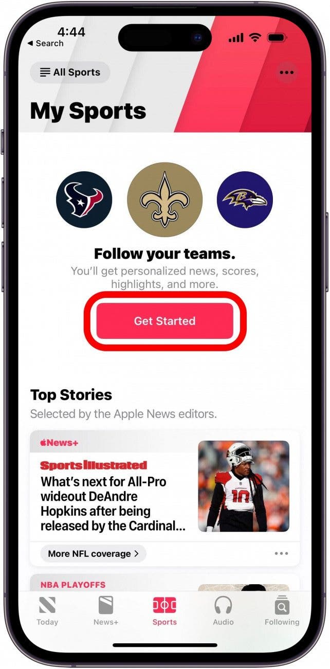 If you haven't set up your Apple News Sports feed, you can tap Get Started to do that.